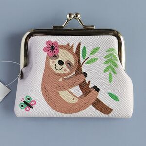Sloth Coin Purse White Clasp Wallet Sloth Tree Flower Butterfly Silver Tone NEW